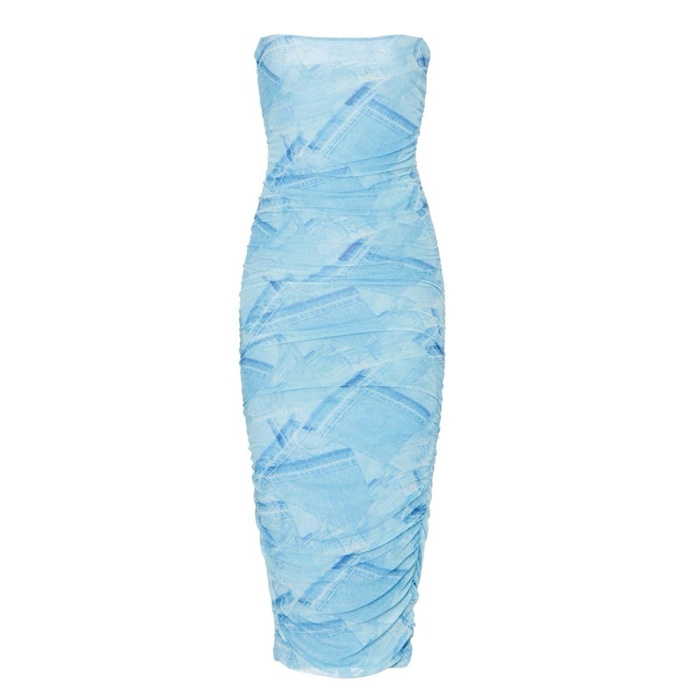Good American Strapless Patchwork Denim Dress